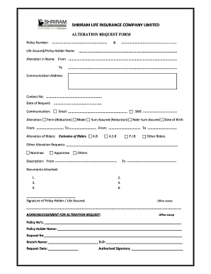 Shriram Life Insurance Alteration Request Form