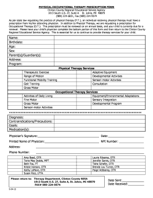 Physical/Occupational Therapy Prescription Form
