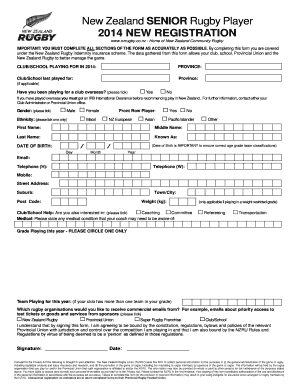 New Zealand Senior Rugby Player Registration Form