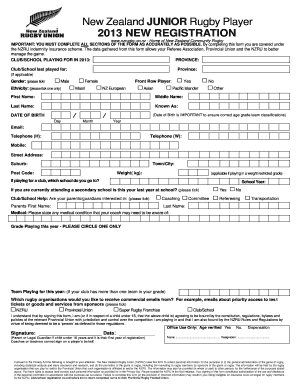 New Zealand Junior Rugby Player Registration Form