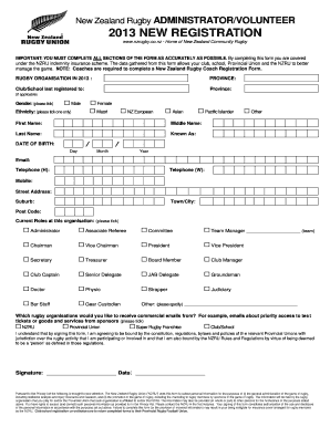 New Zealand Rugby Administrator Volunteer Registration Form