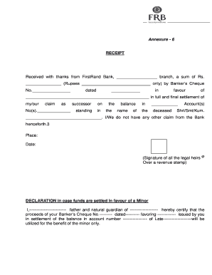 Banker's Cheque Receipt and Declaration for Minor