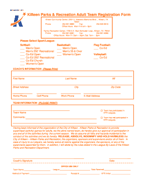 Killeen Parks & Recreation Adult Team Registration Form