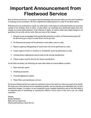 Fleetwood Service Rally Safety Policy