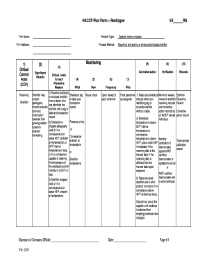 HACCP Plan Form for Shellfish Reshipper