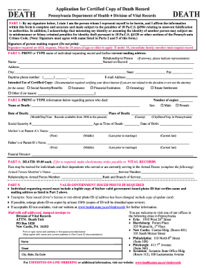 Pennsylvania Death Record Application