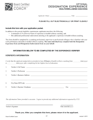 Health/Wellness Coaching Designation Experience Form
