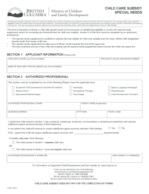Child Care Subsidy Special Needs Form