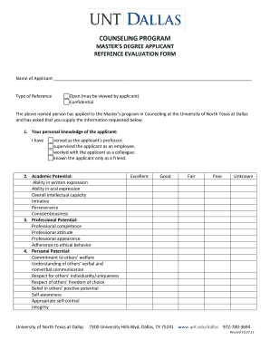 Master's Degree Applicant Reference Evaluation Form