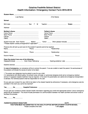 Catalina Foothills School District Health Information Form