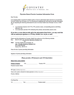 Physician Roster Practice Locations Form