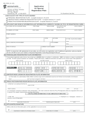 Pennsylvania Special Tag Unit Registration Plate Application