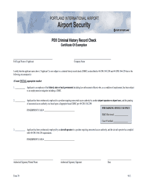 PDX Criminal History Record Check Exemption Certificate