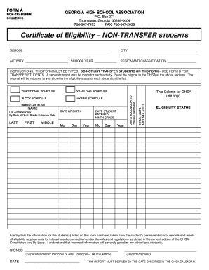 Georgia High School Association Non-Transfer Student Eligibility Certificate
