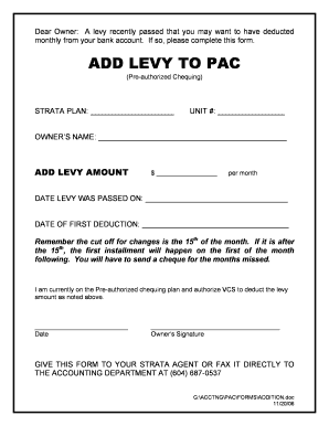 Strata Levy Pre-authorized Chequing Form