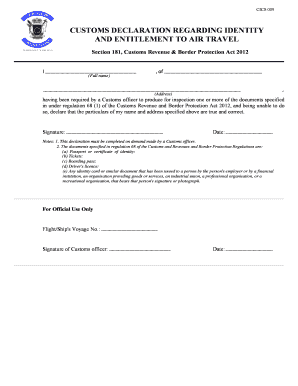 Customs Declaration for Air Travel Identity
