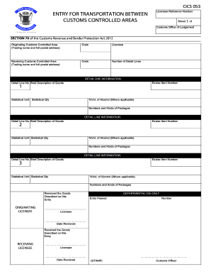 Customs Entry Form for Transportation Between Controlled Areas