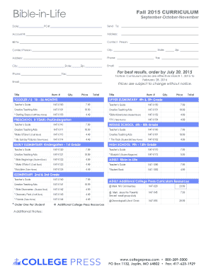 Bible-in-Life Fall 2015 Curriculum Order Form