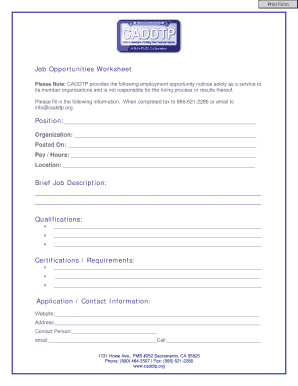 Job Opportunities Worksheet