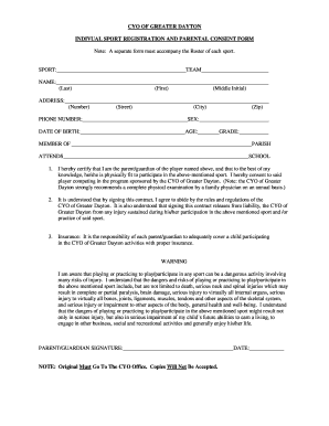 CYO of Greater Dayton Individual Sport Registration and Parental Consent Form