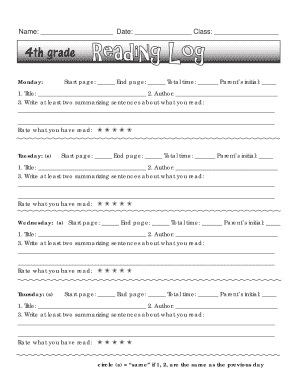 4th Grade Weekly Reading Log