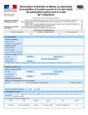 Déclaration d’intention d’aliéner ou demande d’acquisition d’un bien soumis à l’un des droits de préemption prévus par le code de l’urbanisme