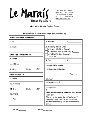 Gift Certificate Order Form
