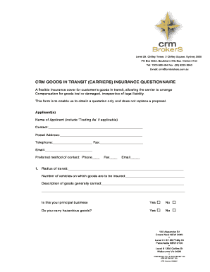 Goods in Transit Insurance Questionnaire