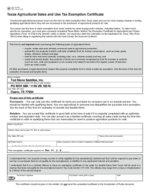 Texas Agricultural Sales and Use Tax Exemption Certificate