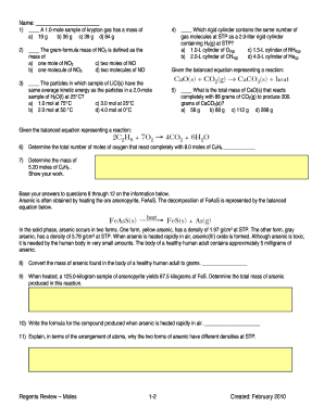 Chemistry Regents Review Worksheet
