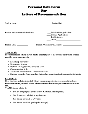 Sample recommendation letter for scholarship pdf - Personal Data Form For Letters of Recommendation - www4 aasd k12 wi