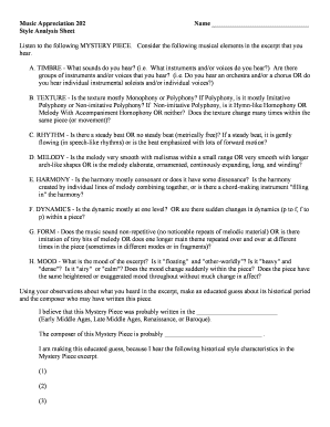 Music Appreciation Style Analysis Sheet