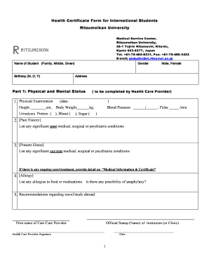Health Certificate Form for International Students