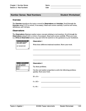 Number Sense Real Numbers Student Worksheet