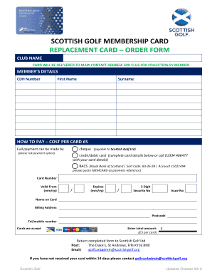 Scottish Golf Membership Card Replacement Order Form