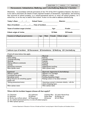 Harassment Intimidation Bullying Cyberbullying Behavior Checklist