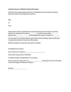 Automatic Payment or Withdrawal authorization change