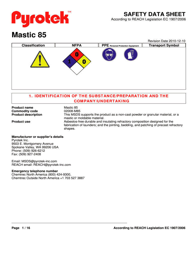 pyrotek mastic 85 sds Preview on Page 1