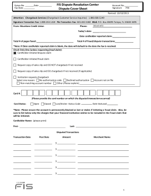 FIS Dispute Resolution Center Cover Sheet