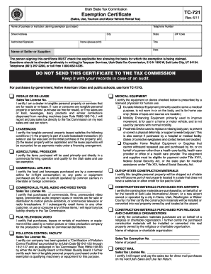 Utah Sales Tax Exemption Certificate TC-721