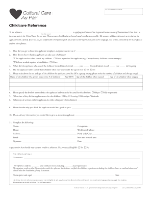 Au Pair Childcare Reference Form