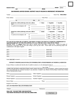 SAN MARINO UNIFIED SCHOOL DISTRICT HEALTH RECORD &amp; EMERGENCY INFORMATION