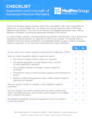 Checklist Supervision and Oversight of Advanced Practice Providers