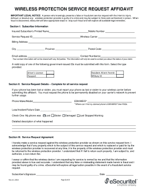 Wireless Protection Service Request Affidavit
