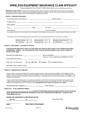 Wireless Equipment Insurance Claim Affidavit