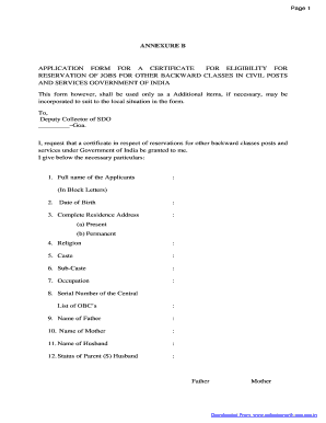Application Form for OBC Reservation Certificate