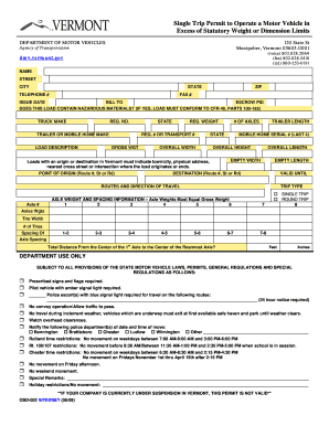 Vermont Single Trip Permit for Oversize/Overweight Vehicles