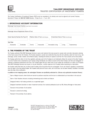 Trustee Certification of Investment Powers