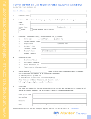 Hunter Express Online Booking System Insurance Claim Form