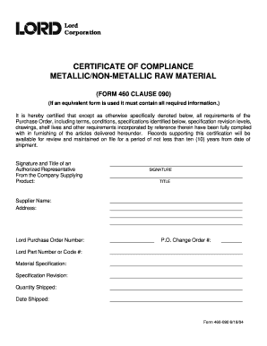 Certificate of Compliance for Metallic/Non-Metallic Raw Material